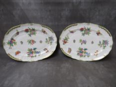 TWO HEREND DECORATIVE HAND PAINTED DISH / OVAL PLATTERS, embellished with butterflies, flowers and