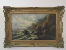 FRANK HIDER (1861-1933). Stormy rocky coastal scene with sailing vessels, signed lower right, oil on