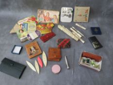 A COLLECTION OF VINTAGE SEWING ACCESSORIES, to include three bone and mother of pearl bobbins, a
