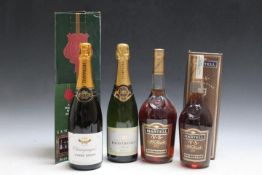 2 BOTTLES OF GROWER CHAMPAGNE, together with 2 bottles of Martell VS Cognac - one being a 1 litre