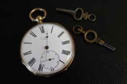 AN 18K J.F. JACOT LOCLE OPEN FACED POCKET WATCH, circa. 1880, signed to the enamel dial, marked to