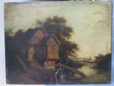 A LATE 18TH / EARLY 19TH CENTURY WOODED RIVER SCENE, with farmstead and figure and dog on a wooden