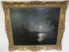 SEBASTIAN PETHER (1790-1844). 'Moonlight River Scene', oil on canvas, gilt framed, 67 x 75 cm