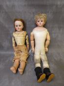 TWO LATE 18TH / 19TH CENTURY HIDE BODIED DOLLS, one marked 312 / 8, one in need of some restoration