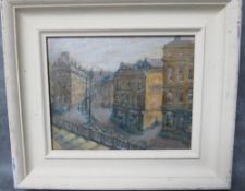 A 20TH CENTURY CONTINENTAL IMPRESSIONIST STREET SCENE WITH FIGURES, unsigned, oil on canvas board,