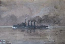 STEPHEN CHAPMAN, 19th century study of a steam powered warship 'S.M.S Emden' in a coastal setting,