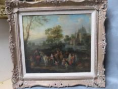 CONTINENTAL SCHOOL (XIX), a crowd in a river landscape, oil on panel, framed, 29 x 32 cm