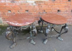 A PAIR OF 19TH CENTURY BRONZE AND MARBLE TOPPED TABLES IN THE EMPIRE STYLE, each with four winged