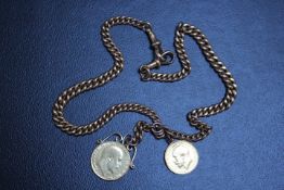 A GOOD QUALITY HALLMARKED 9 CARAT ROSE GOLD ALBERT CHAIN MOUNTED WITH A FULL AND HALF SOVEREIGN,