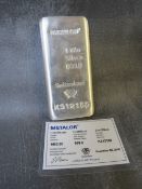 A METALOR OF SWITZERLAND 1KG 999.0 BAR WITH CERTIFICATE, No. K312150