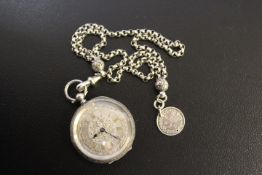 A VICTORIAN SILVER ALBERTINA, with silver faced 935 silver fobwatch, dial Dia. 3 cm
