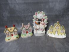 A STAFFORDSHIRE 19TH CENTURY COTTAGE PASTILE BURNER, together with two further staffordshire money