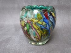 MURANO - A MID 20TH CENTURY TUTTI FRUTTI GLASS VASE, cased in clear crystal over green, internally
