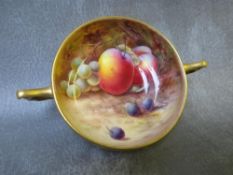 A ROYAL WORCESTER TWIN - HANDLED CABINET CUP DECORATED BY H.H. PRICE, painted puce marks to the