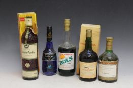 5 BOTTLES OF ASSORTED LIQUEURS, whisky etc to include 1 boxed bottle of KWV Van Der Hum and 1