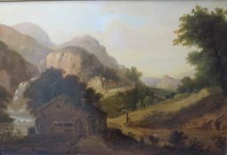(XIX). Mountainous wooded river landscape with watermill, cottages, sheep, figures and horse,
