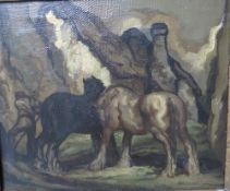 ANTON LOCK. An impressionist mountain landscape with cottage, horses and figure, signed lower