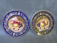 A PAIR OF ROYAL WORCESTER SANDRINGHAM PAINTED FRUIT COBALT BLUE CABINET PLATES SIGNED S. SMITH, gilt