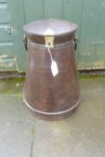 LATE 19TH CENTURY BRASS MOUNTED STEEL LIDDED MILK CAN OF CONICAL FORM, with swing handle, marked