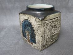 A SMALL TROIKA SQUARED VASE, with incised and coloured detail, initialled 'IH', H 9 cm