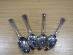 FOUR MID 18TH CENTURY HANOVARIAN TYPE HALLMARKED SILVER TABLESPOONS, various dates and makers,