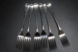 A MATCHED SET OF SIX GEORGIAN HALLMARKED SILVER DESSERT FORK, various dates and makers, approx
