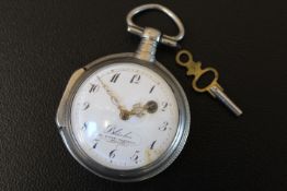 A FRENCH OPEN FACED MANUAL WIND POCKET WATCH - BLACHER AU PNT DOUILLY, with key, Dia 5 cm