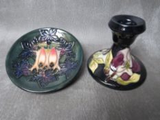 A MOORCROFT 'CLUNY' PATTERN CIRCULAR DISH, Dia. 12 cm, together with a Moorcroft squat