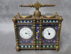 A BRASS AND CLOISONNE CLOCK / BAROMETER DESK COMPENDIUM, the 1.75