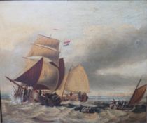 CIRCLE OF HENRY REDMORE (1820-1887). Stormy coastal seascape with sailing vessels and figures in a