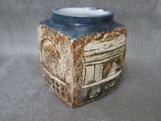 A SMALL TROIKA SQUARED VASE, with incised and coloured detail, initialled 'TB', H 9 cm