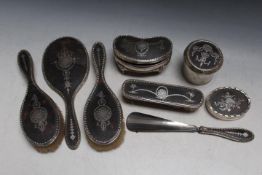 A MATCHED SET OF HALLMARKED SILVER PIQUE WORK DRESSING TABLE PIECES, various dates and makers,