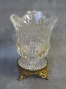 A LATE 19TH / EARLY 20TH CENTURY CUT GLASS VASE, ON AN ORMALU STAND, vase H 16 cm, overall H 20 cm