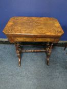 A VICTORIAN WALNUT INLAID WORK / GAMES TABLE, the hinged lid opening to an inlaid games board,