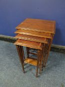 AN EARLY 20TH CENTURY MAHOGANY INLAID QUARTETTO OF TABLES, tallest H 66 cm, W 43 cm