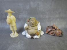 A VINTAGE CHINESE HARDSTONE FIGURE CARRYING A BASKET, together with a seated Buddha and a