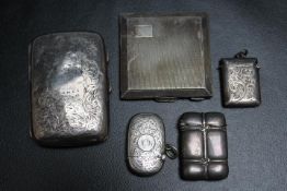 THREE HALLMARKED SILVER VESTA CASES, together with two hallmarked silver cigarette cases, various