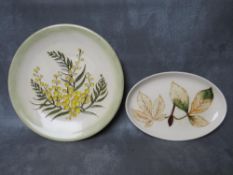 A WILLIAM MOORCROFT 'WATTLE' PATTERN CIRCULAR PLATE, Dia. 26 cm, together with an oval 'Chestnut'