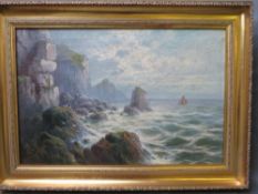 FRANK HIDER. Rocky coastal scene with sailing vessel 'The Coast of Cornwall', signed and dated
