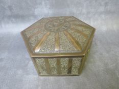 A LATE 19TH / EARLY 20TH CENTURY ASIAN HEXAGONAL DECORATIVE BRASS BOX, with bird decoration to