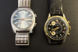 A GLOBA MULTI DIAL SPORT WATCH, plus a Cheminant 17 jewele alarm watch, both Dia. 3 cm