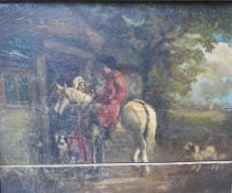 A CIRCLE OF GEORGE MORLAND RURAL WOODED LANDSCAPE, with figures, horses and dogs before an inn,
