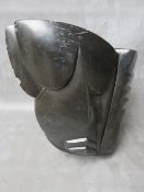 A 20TH CENTURY POLISEHD STONE ABSTRACT CARVING, signed to the reverse 'FARAI', H 28.5cm. W 25 cm