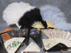A COLLECTION OF VINTAGE HAND PAINTED AND FEATHER FANS, to include four ebonised hand painted