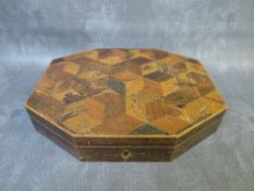 A 19TH CENTURY OCTAGONAL PARQUETRY GAMES BOX, containing a number of circular wooden games counters,