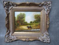 ALAN REED (b.1948). Northumberland artist, wooded landscape with figures, donkey and farm buildings,