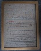 A 19TH CENTURY SAMPLER - CLARA JANE WEDGCOCK 1866, framed and glazed, 39 x 29 cm