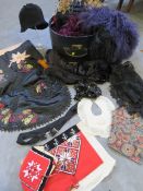 A VINTAGE HAT BOX AND CONTENTS, together with a selection of vintage children's clothing items and a