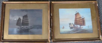 A PAIR OF 19TH CENTURY STUDIES OF ORIENTAL SAILING VESSELS AND FIGURES IN COASTAL WATERS,