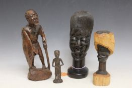 A HEAVY EARLY EAST ARFICAN MAKONDE TANZANIA EBONY BUST WITH LABEL, another smaller standing